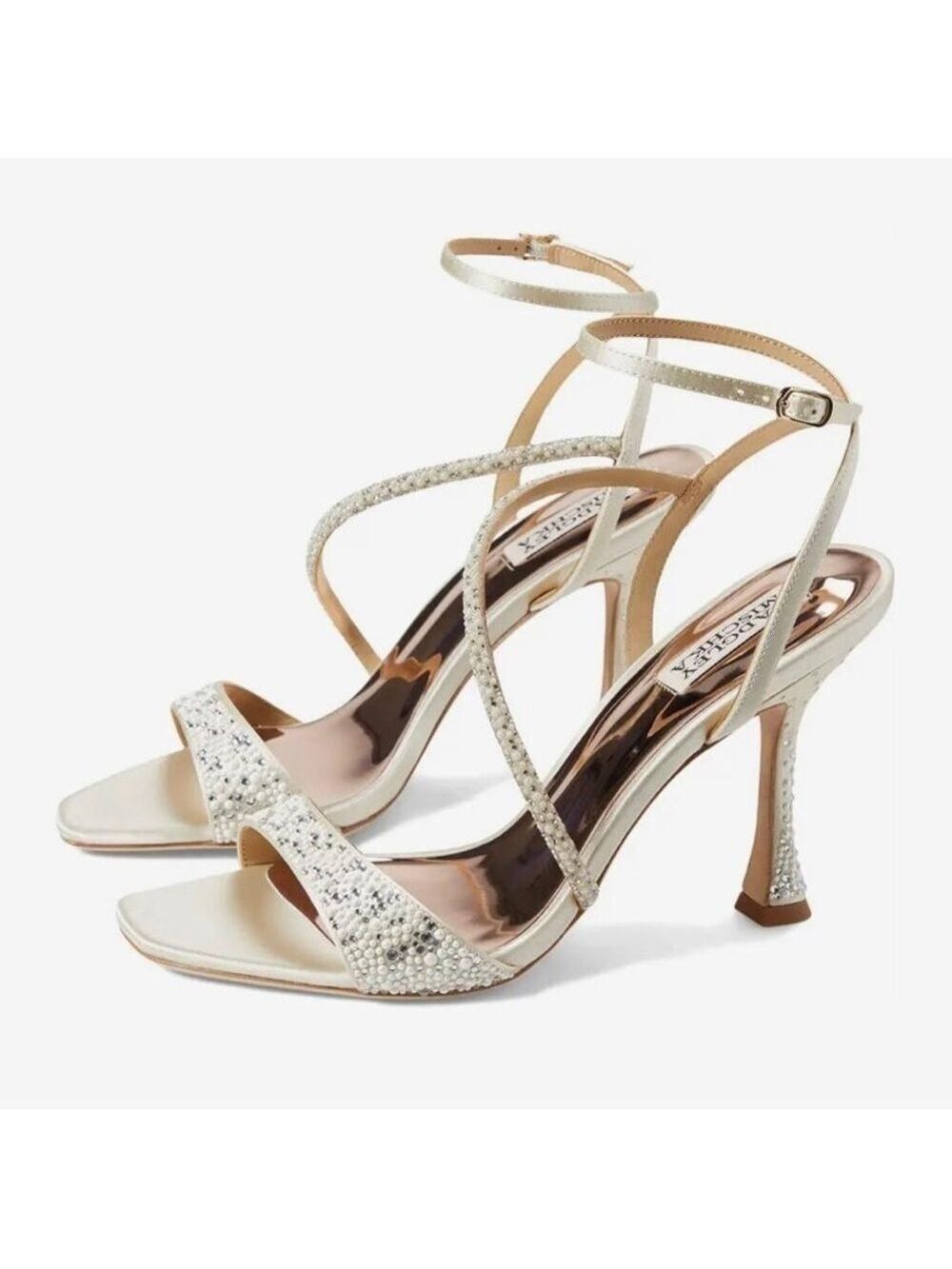 NIB Badgley Mischka Sally Rhinestone Satin High Heel Sandals in Ivory